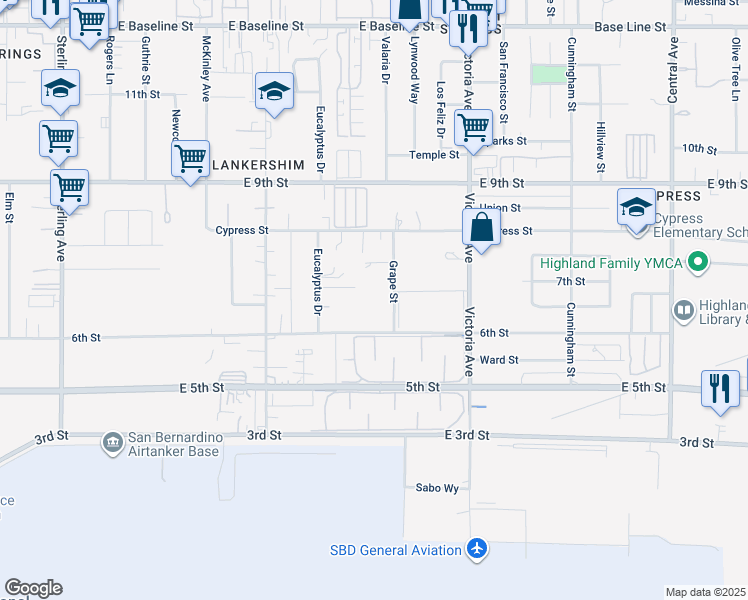 map of restaurants, bars, coffee shops, grocery stores, and more near 7842 Grape Street in Highland