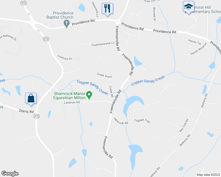 map of restaurants, bars, coffee shops, grocery stores, and more near Creek Road in Alpharetta