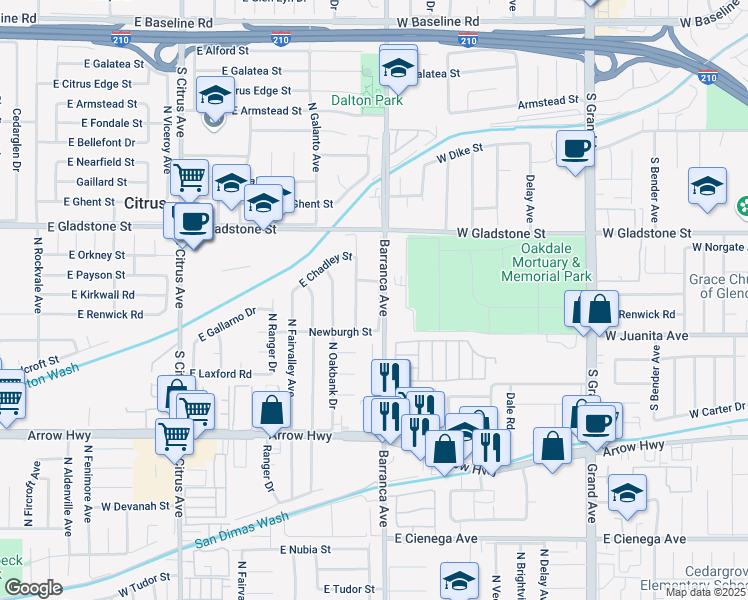 map of restaurants, bars, coffee shops, grocery stores, and more near 5439 Newburgh Street in Covina