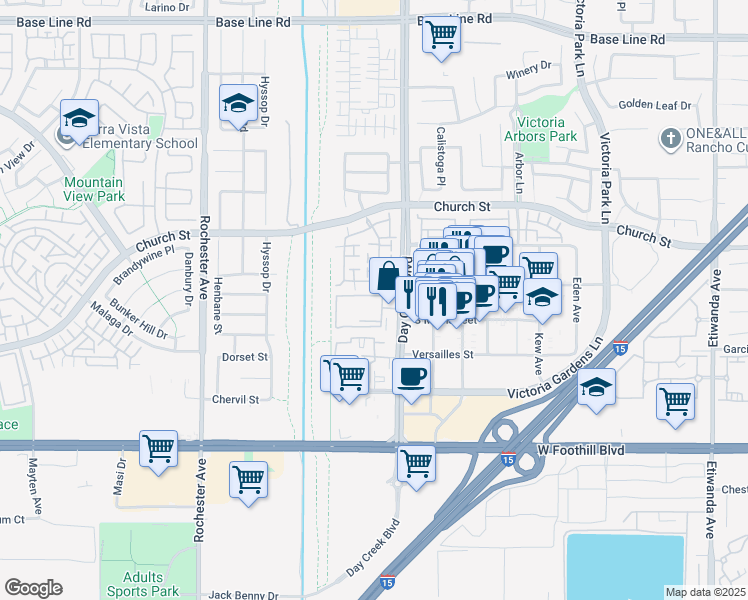 map of restaurants, bars, coffee shops, grocery stores, and more near 7828 Day Creek Boulevard in Rancho Cucamonga