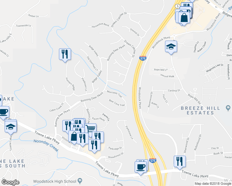 map of restaurants, bars, coffee shops, grocery stores, and more near 4214 Moccasin Trail in Woodstock