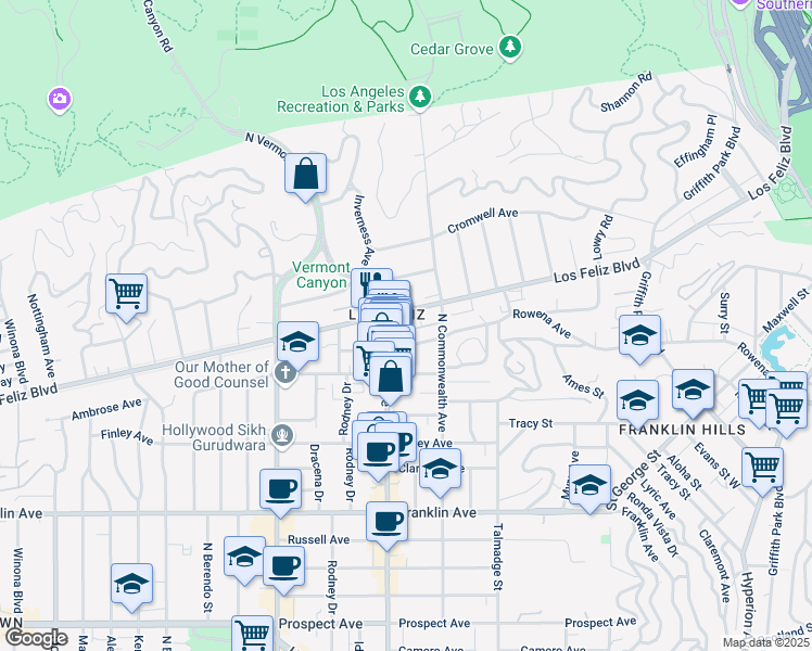 map of restaurants, bars, coffee shops, grocery stores, and more near in Los Angeles