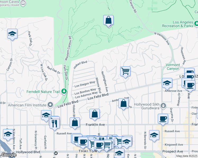 map of restaurants, bars, coffee shops, grocery stores, and more near 2208 Winona Boulevard in Los Angeles
