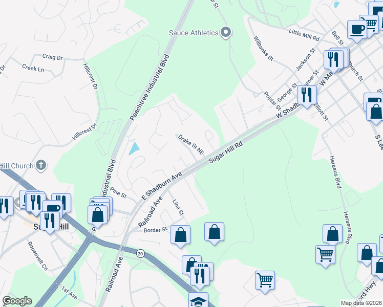 map of restaurants, bars, coffee shops, grocery stores, and more near 4963 Austin Park Avenue in Buford