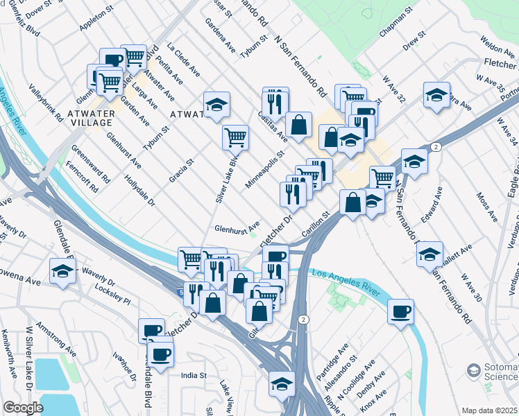 map of restaurants, bars, coffee shops, grocery stores, and more near 3147 Larga Avenue in Los Angeles