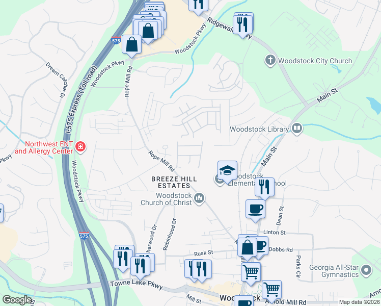 map of restaurants, bars, coffee shops, grocery stores, and more near 209 Towne Ridge Dr in Woodstock