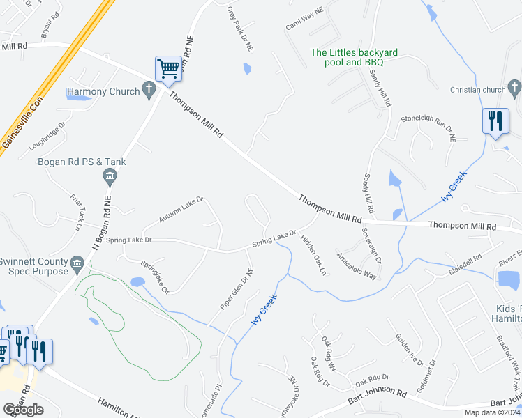 map of restaurants, bars, coffee shops, grocery stores, and more near 4112 Creekrun Circle in Buford