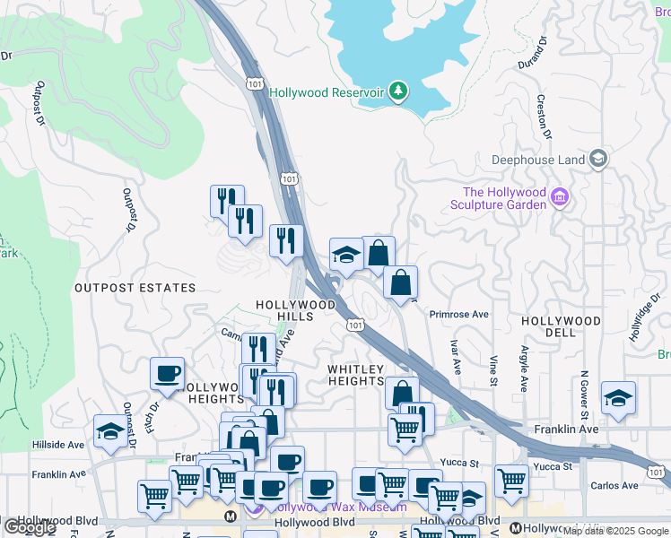 map of restaurants, bars, coffee shops, grocery stores, and more near 2330 North Cahuenga Boulevard in Los Angeles