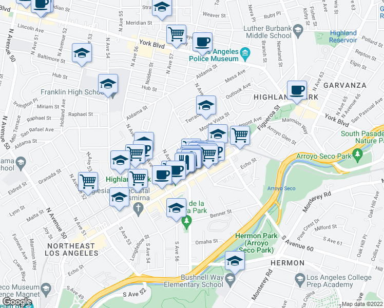 map of restaurants, bars, coffee shops, grocery stores, and more near 5816 Piedmont Avenue in Los Angeles