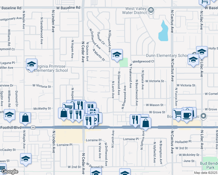 map of restaurants, bars, coffee shops, grocery stores, and more near 1105 West Victoria Street in Rialto