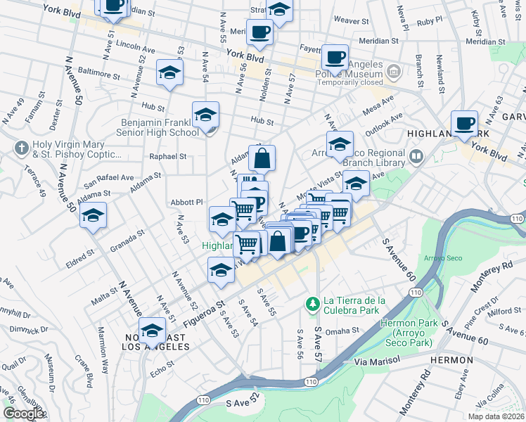 map of restaurants, bars, coffee shops, grocery stores, and more near 5603 Monte Vista Street in Los Angeles