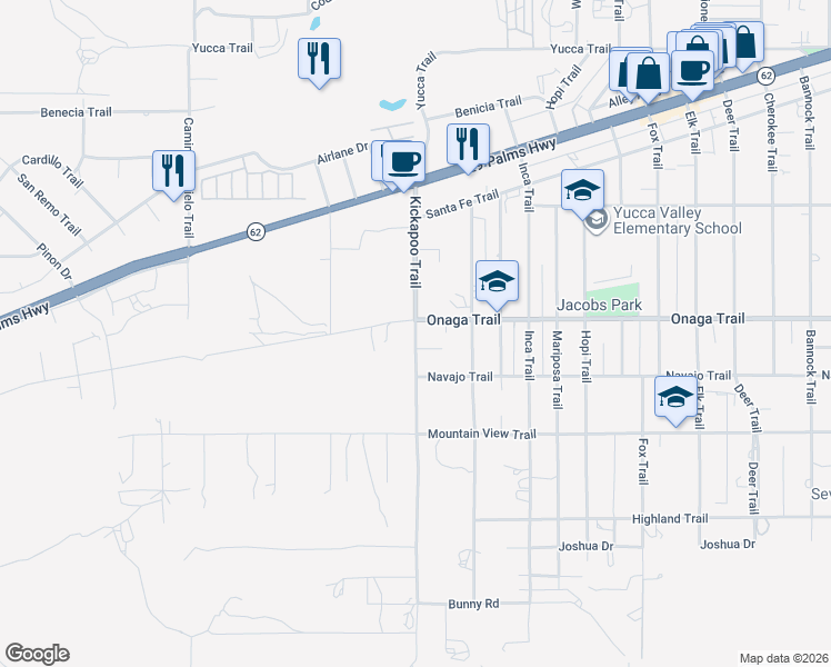 map of restaurants, bars, coffee shops, grocery stores, and more near Kickapoo Trail in Yucca Valley