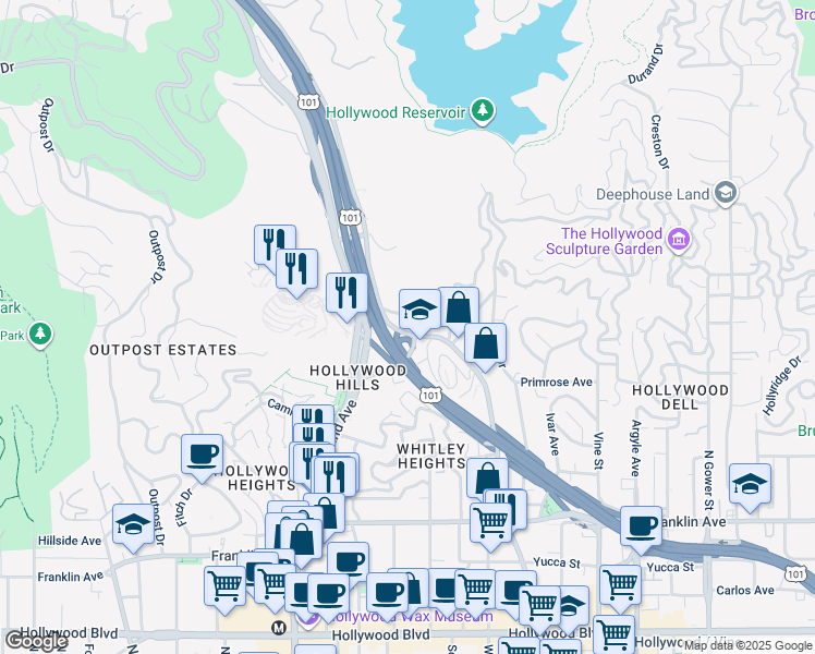 map of restaurants, bars, coffee shops, grocery stores, and more near 2304 North Cahuenga Boulevard in Los Angeles