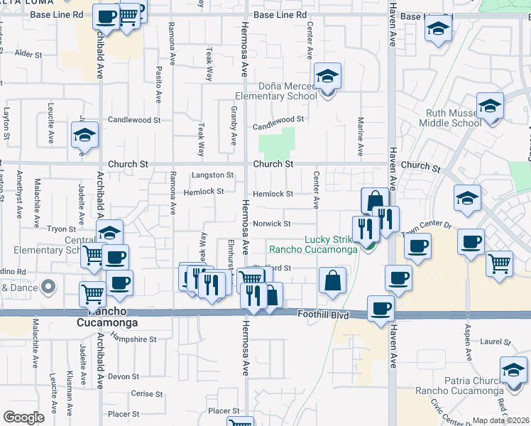 map of restaurants, bars, coffee shops, grocery stores, and more near 10159 Ashford Street in Rancho Cucamonga