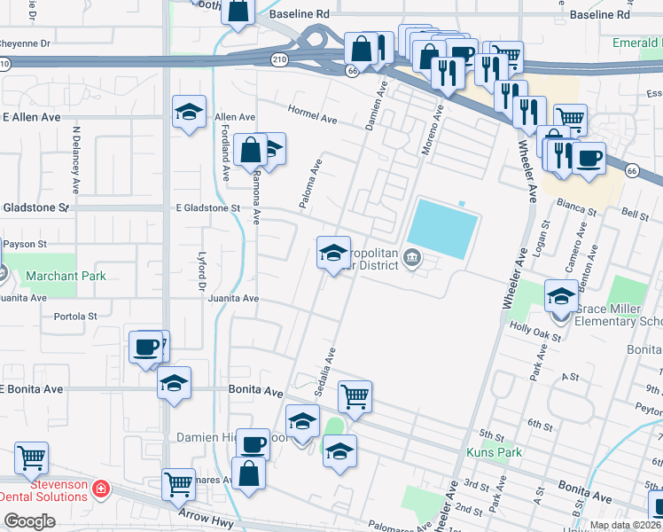 map of restaurants, bars, coffee shops, grocery stores, and more near 1103 Forestdale Street in La Verne