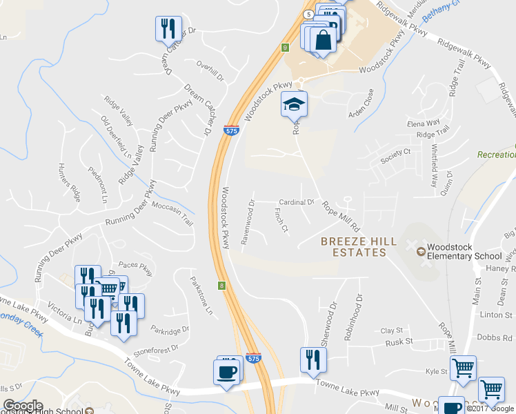 map of restaurants, bars, coffee shops, grocery stores, and more near 313 Cardinal Drive in Woodstock