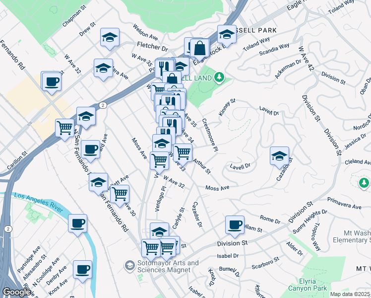 map of restaurants, bars, coffee shops, grocery stores, and more near 2520 Arthur Street in Los Angeles