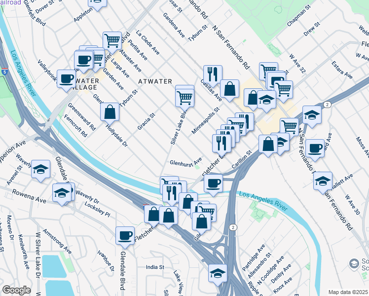 map of restaurants, bars, coffee shops, grocery stores, and more near 3145 Garden Avenue in Los Angeles