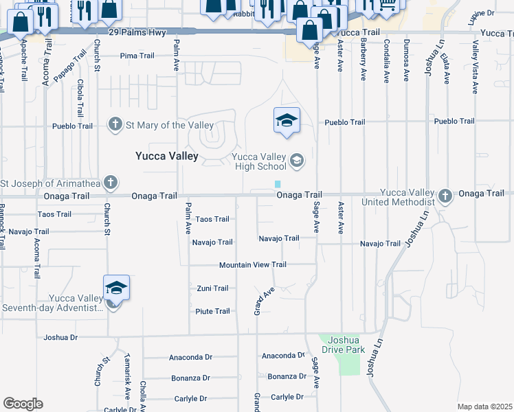 map of restaurants, bars, coffee shops, grocery stores, and more near Grand Avenue & Taos Circle in Yucca Valley