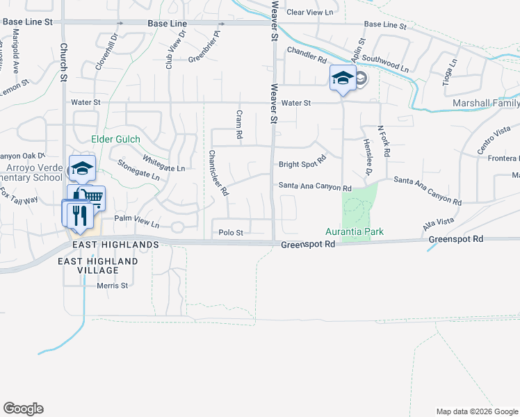 map of restaurants, bars, coffee shops, grocery stores, and more near 7789 Aranci Way in Highland