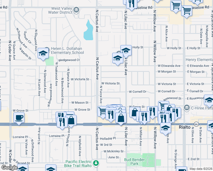 map of restaurants, bars, coffee shops, grocery stores, and more near 661 North Yucca Avenue in Rialto
