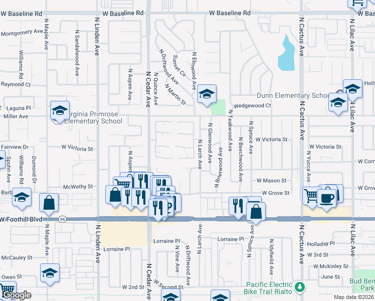 map of restaurants, bars, coffee shops, grocery stores, and more near 1115 West Victoria Street in Rialto