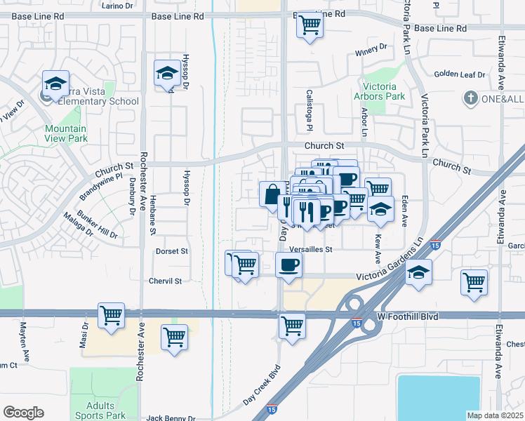 map of restaurants, bars, coffee shops, grocery stores, and more near 7828 Day Creek Boulevard in Rancho Cucamonga
