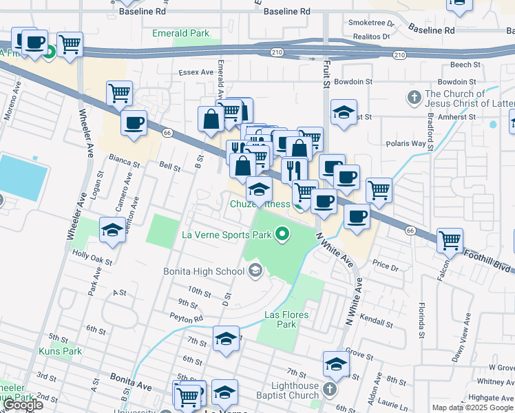 map of restaurants, bars, coffee shops, grocery stores, and more near in La Verne