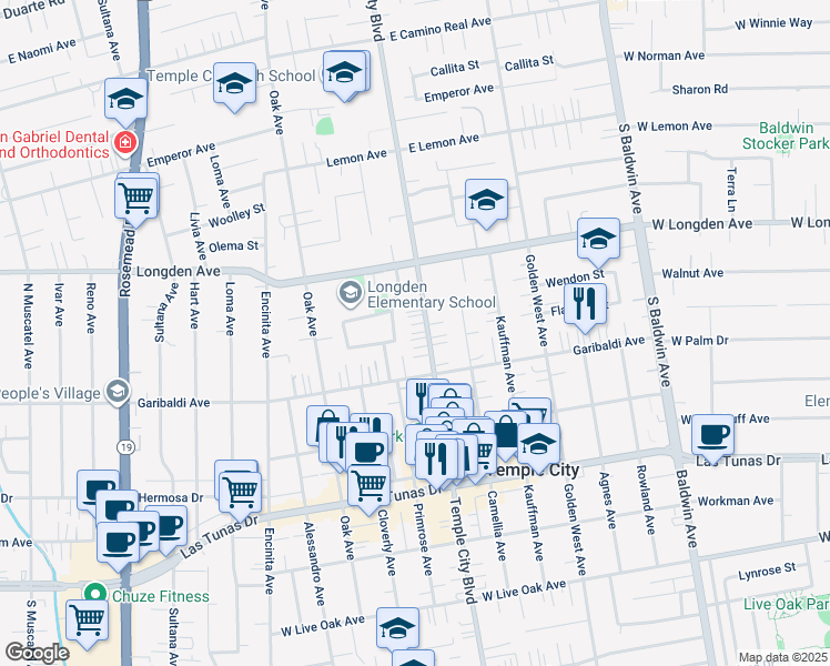 map of restaurants, bars, coffee shops, grocery stores, and more near 6143 Temple City Boulevard in Temple City