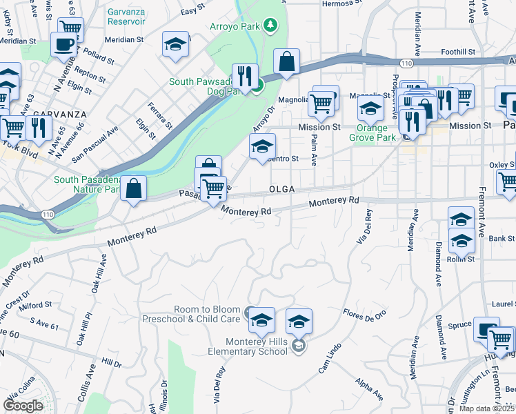 map of restaurants, bars, coffee shops, grocery stores, and more near 364 Monterey Road in South Pasadena