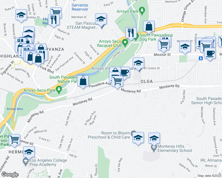 map of restaurants, bars, coffee shops, grocery stores, and more near 230 Monterey Road in South Pasadena