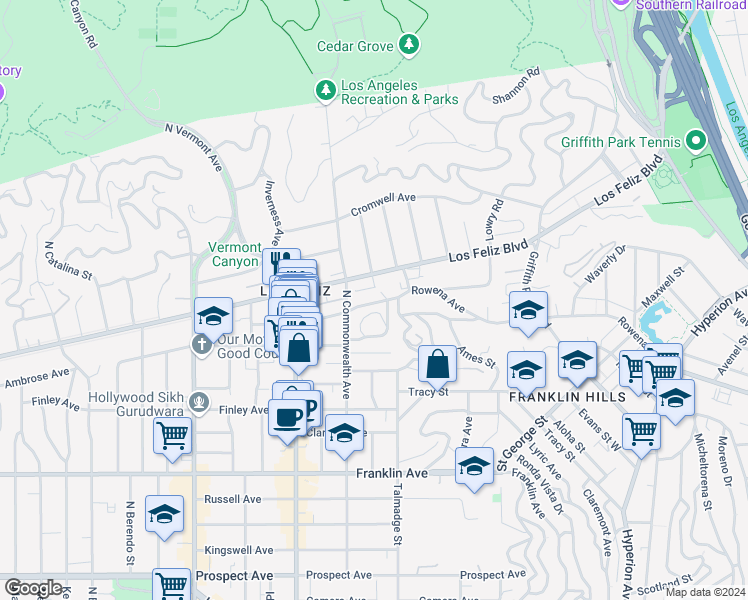 map of restaurants, bars, coffee shops, grocery stores, and more near 4241 Avocado Street in Los Angeles