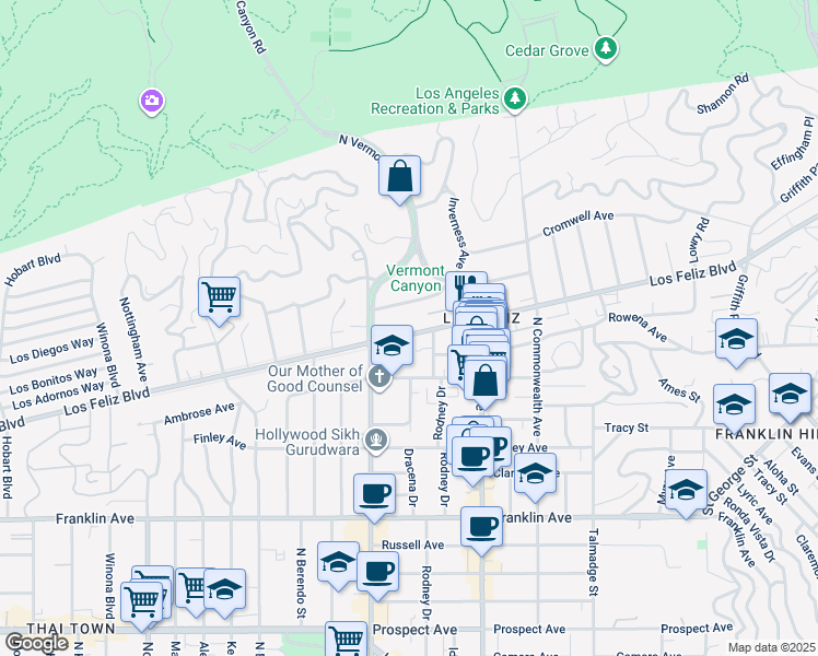 map of restaurants, bars, coffee shops, grocery stores, and more near 4609 Los Feliz Boulevard in Los Angeles