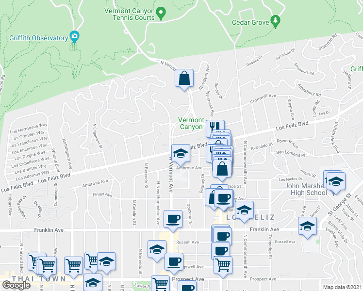 map of restaurants, bars, coffee shops, grocery stores, and more near 2200 North Vermont Avenue in Los Angeles