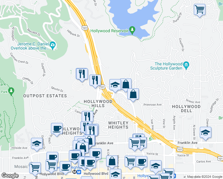 map of restaurants, bars, coffee shops, grocery stores, and more near 2346 North Cahuenga Boulevard in Los Angeles
