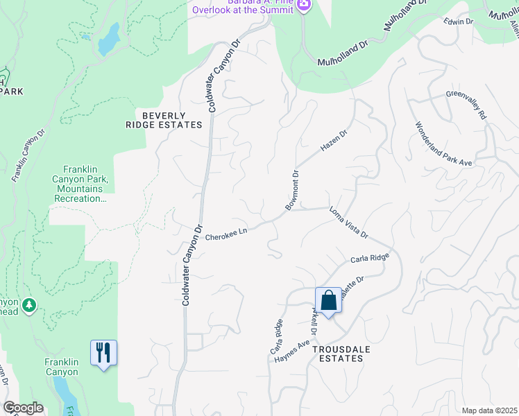 map of restaurants, bars, coffee shops, grocery stores, and more near 2121 El Roble Lane in Beverly Hills