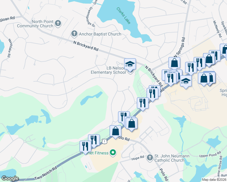 map of restaurants, bars, coffee shops, grocery stores, and more near 732 Southlake Road in Columbia