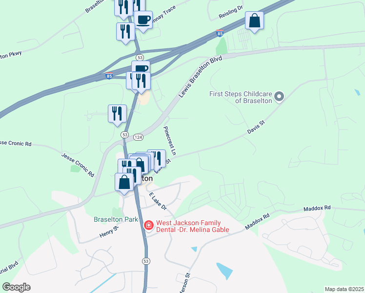 map of restaurants, bars, coffee shops, grocery stores, and more near 9656 Davis Street in Braselton