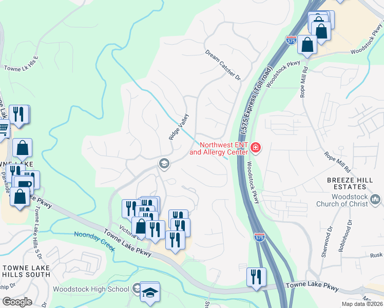 map of restaurants, bars, coffee shops, grocery stores, and more near 4200 Moccasin Trail in Woodstock