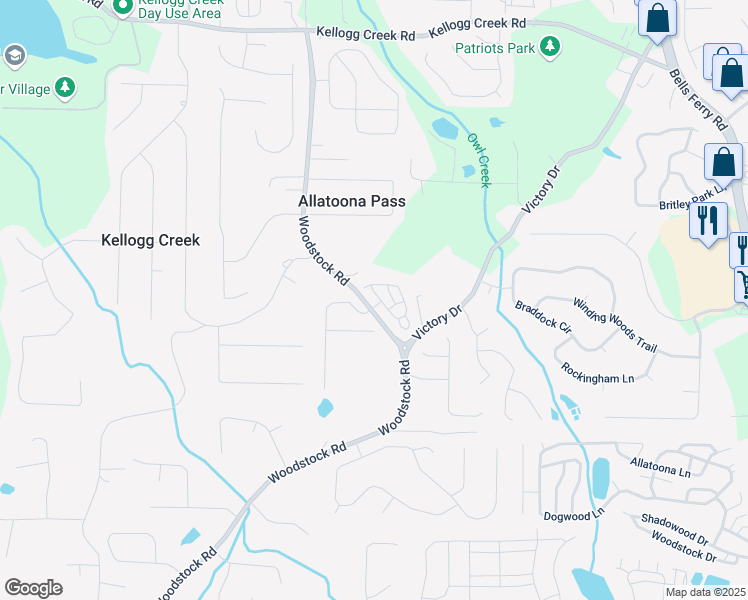 map of restaurants, bars, coffee shops, grocery stores, and more near 204 Saratoga Drive in Acworth