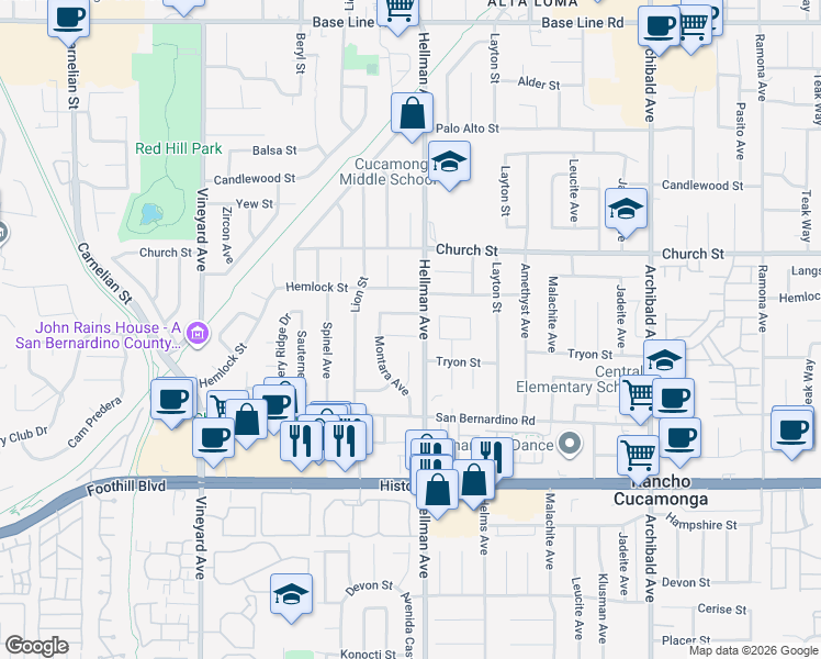map of restaurants, bars, coffee shops, grocery stores, and more near 9276 Persimmon Avenue in Rancho Cucamonga