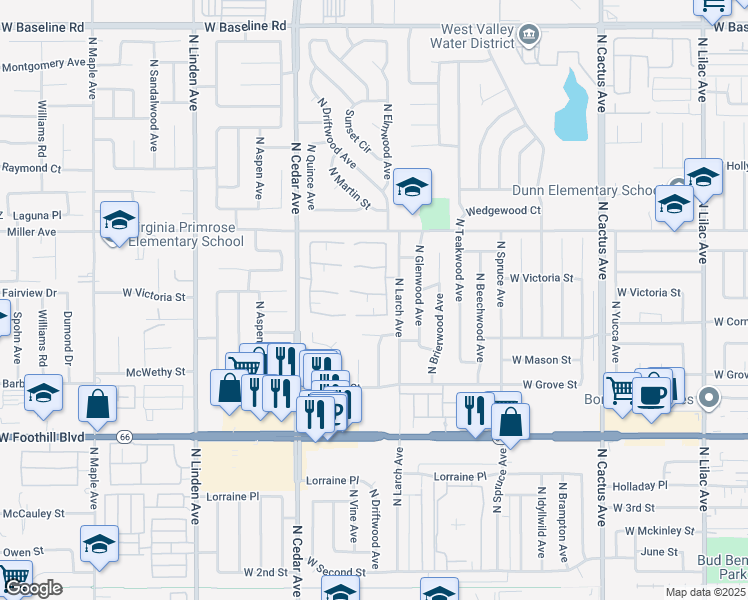 map of restaurants, bars, coffee shops, grocery stores, and more near 1115 West Victoria Street in Rialto