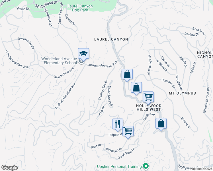 map of restaurants, bars, coffee shops, grocery stores, and more near 2226 Stanley Hills Drive in Los Angeles