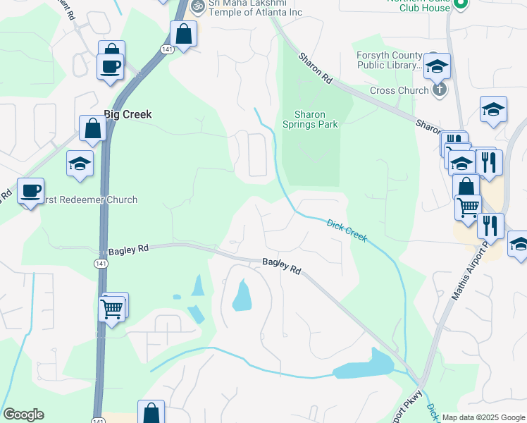 map of restaurants, bars, coffee shops, grocery stores, and more near 2305 Stonevalley Court in Cumming