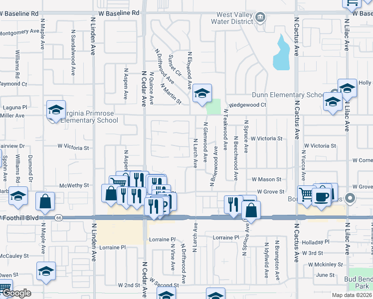 map of restaurants, bars, coffee shops, grocery stores, and more near 1115 West Victoria Street in Rialto