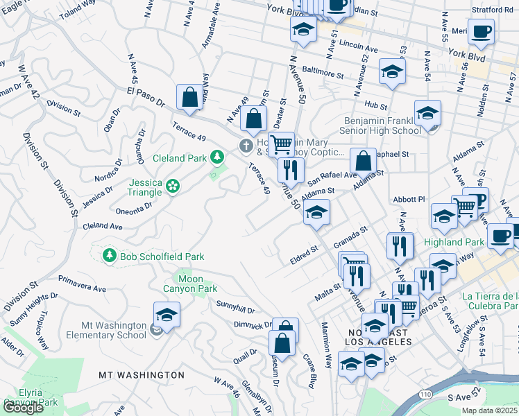 map of restaurants, bars, coffee shops, grocery stores, and more near 760 Terrace 49 in Los Angeles