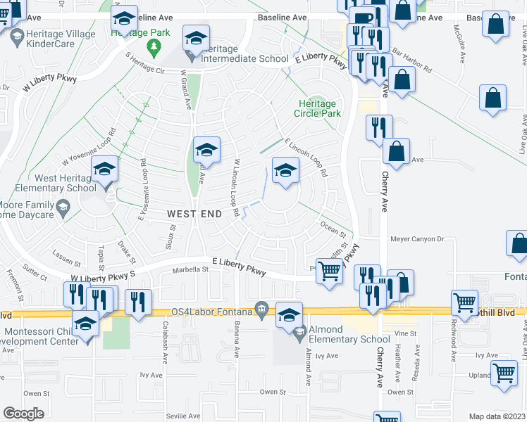 map of restaurants, bars, coffee shops, grocery stores, and more near 14071 East Constitution Way in Fontana