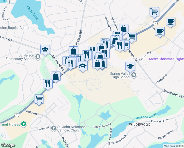 map of restaurants, bars, coffee shops, grocery stores, and more near 140 Wildewood Park Drive in Columbia