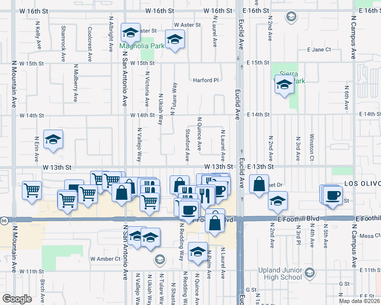 map of restaurants, bars, coffee shops, grocery stores, and more near 1326 Stanford Avenue in Upland