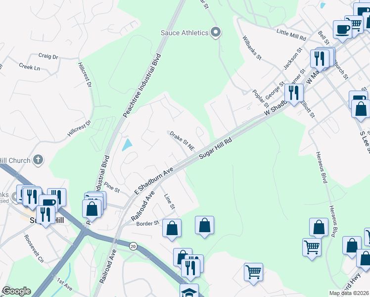 map of restaurants, bars, coffee shops, grocery stores, and more near 1120 West Shadburn Avenue in Buford